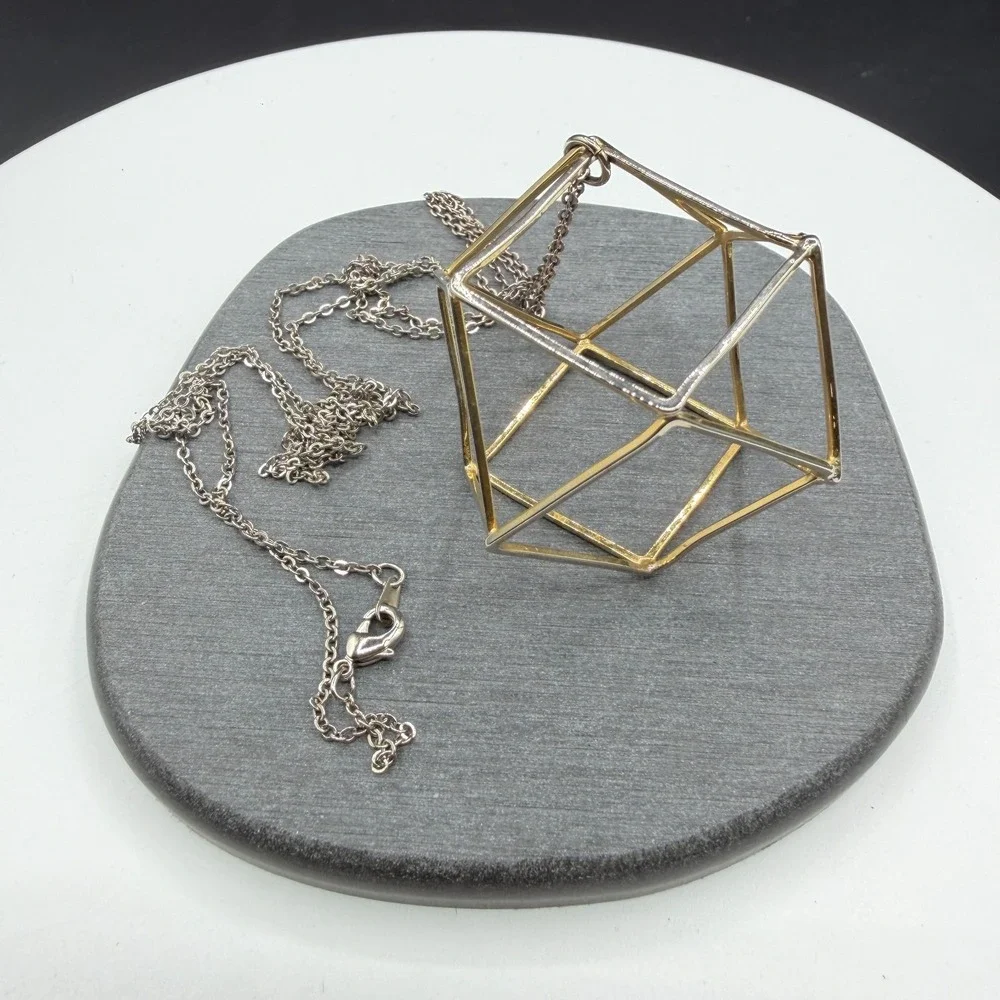 Two Tone Geometric Cube Pendant Necklace 3D Wireframe Modernist Statement Gift